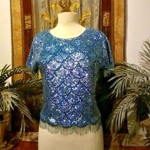 VTG 50's JO RO BOUTIQUE beaded Dk Turquoise Blouse